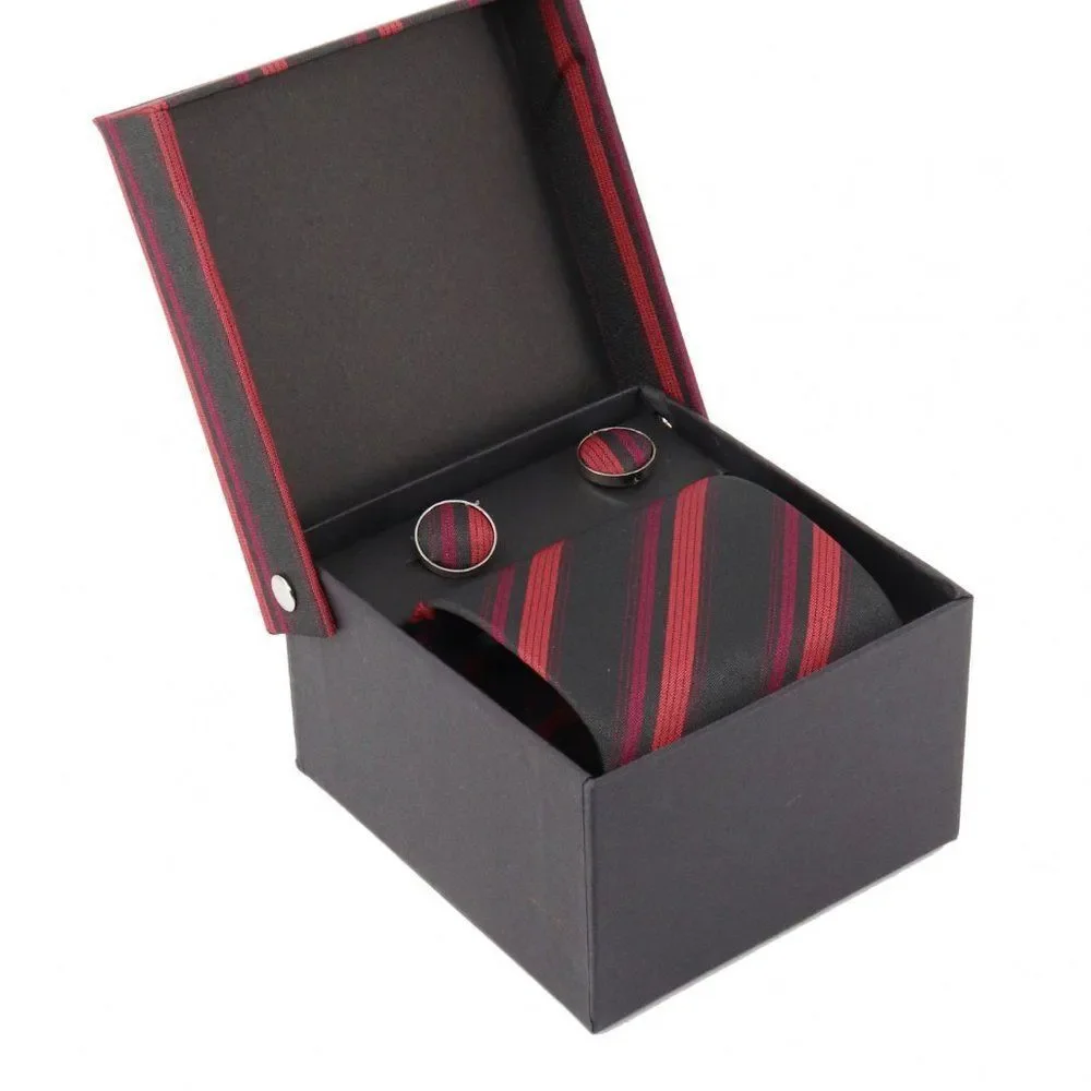 💠3-Pc Boxed Gift Tie Set Coordinated Print Cuff Links Pocket Square